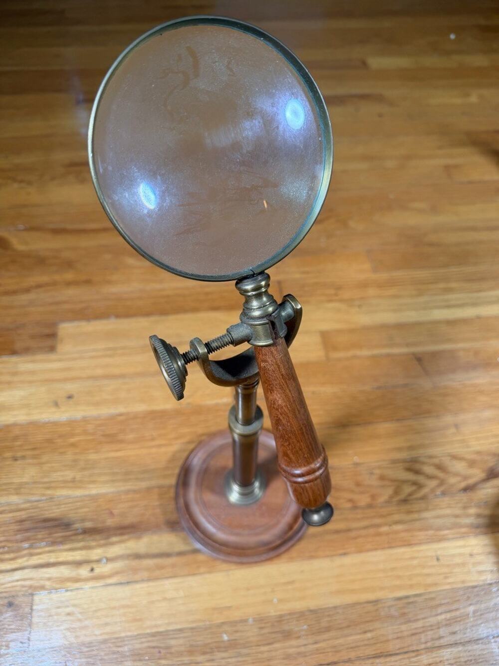 Vintage Brass & Wood Adjustable Desk Magnifying Glass Stand 14.5"
